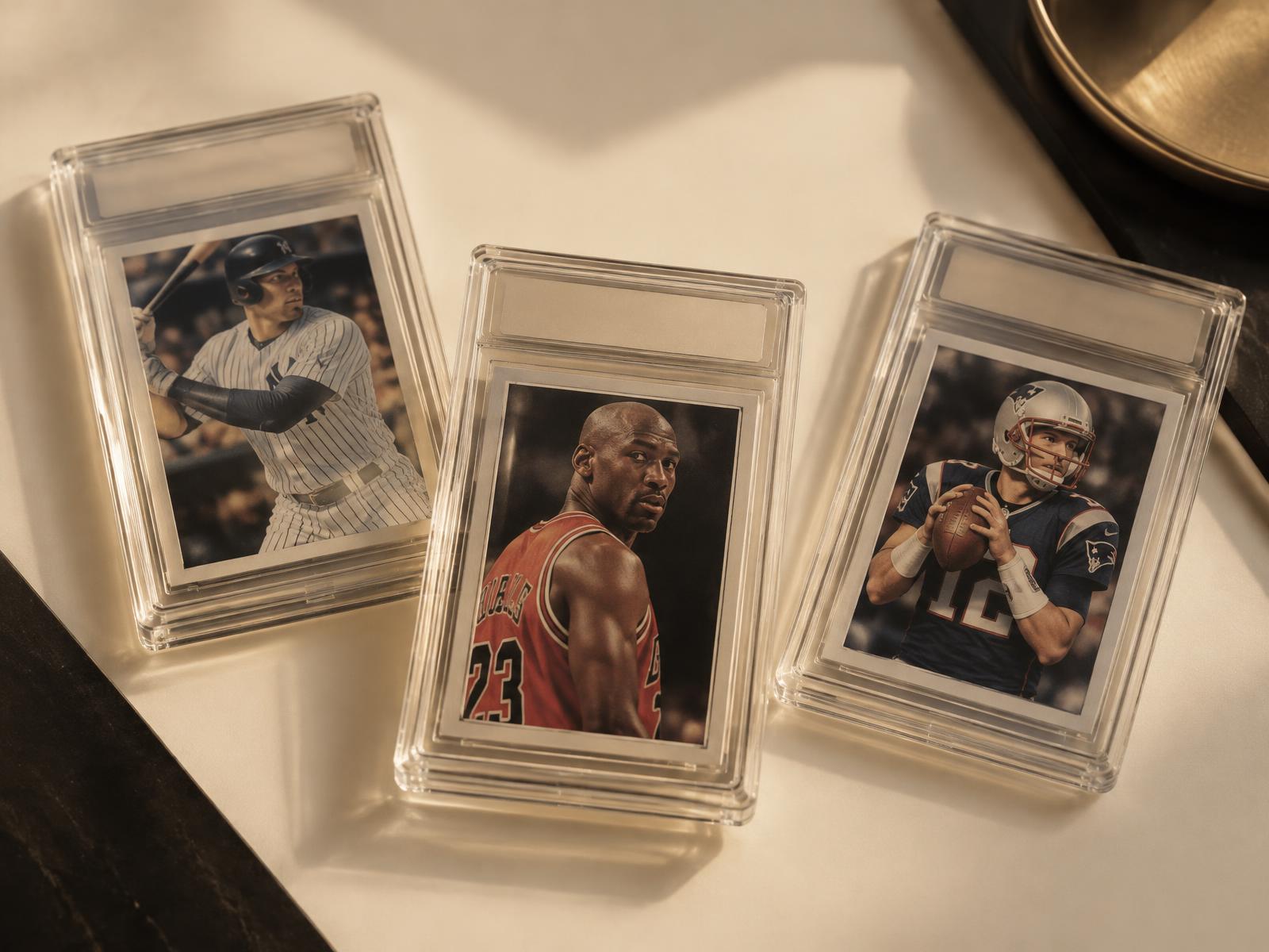Graded sports cards in protective slabs on a warm studio surface
